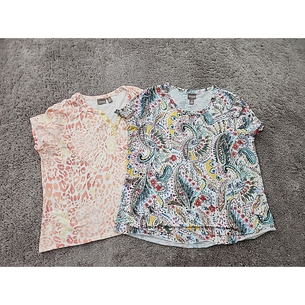 Lot of 2 Chico's Shirt Womens 3 PLUS Paisley Floral Animal Print Short Sleeve